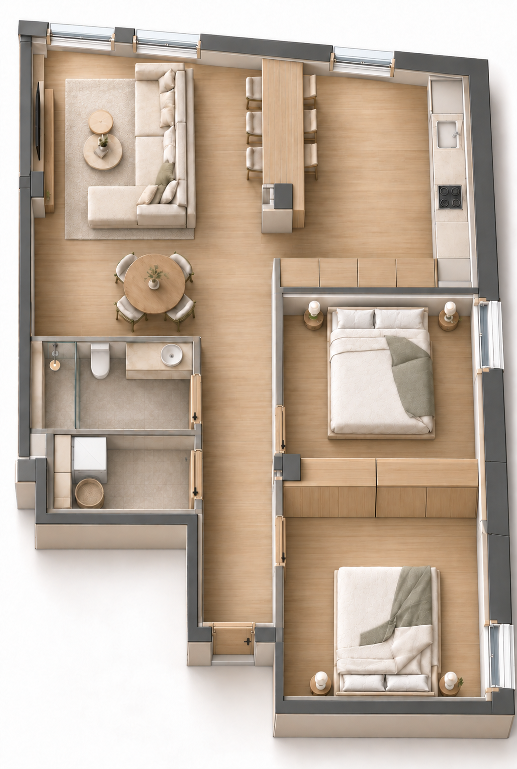 Vista 3D orientativa de la tipología B, 2 habitaciones