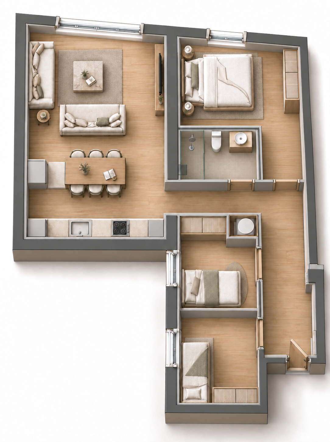 Vista 3D orientativa de la tipología C, 3 habitaciones